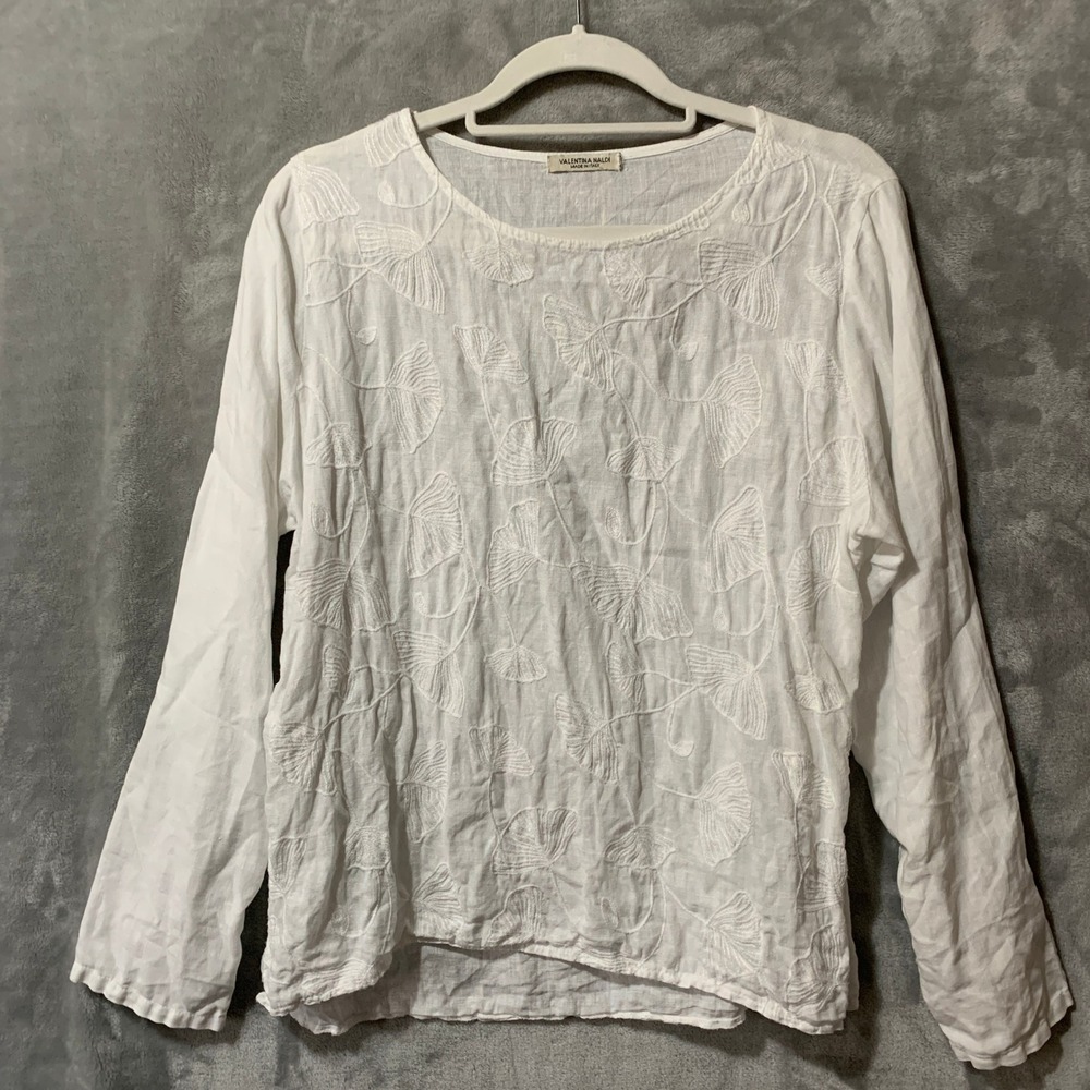 Valentina Naldi White 100% Linen Embroidered Long Sleeve Tunic Small Italy Made